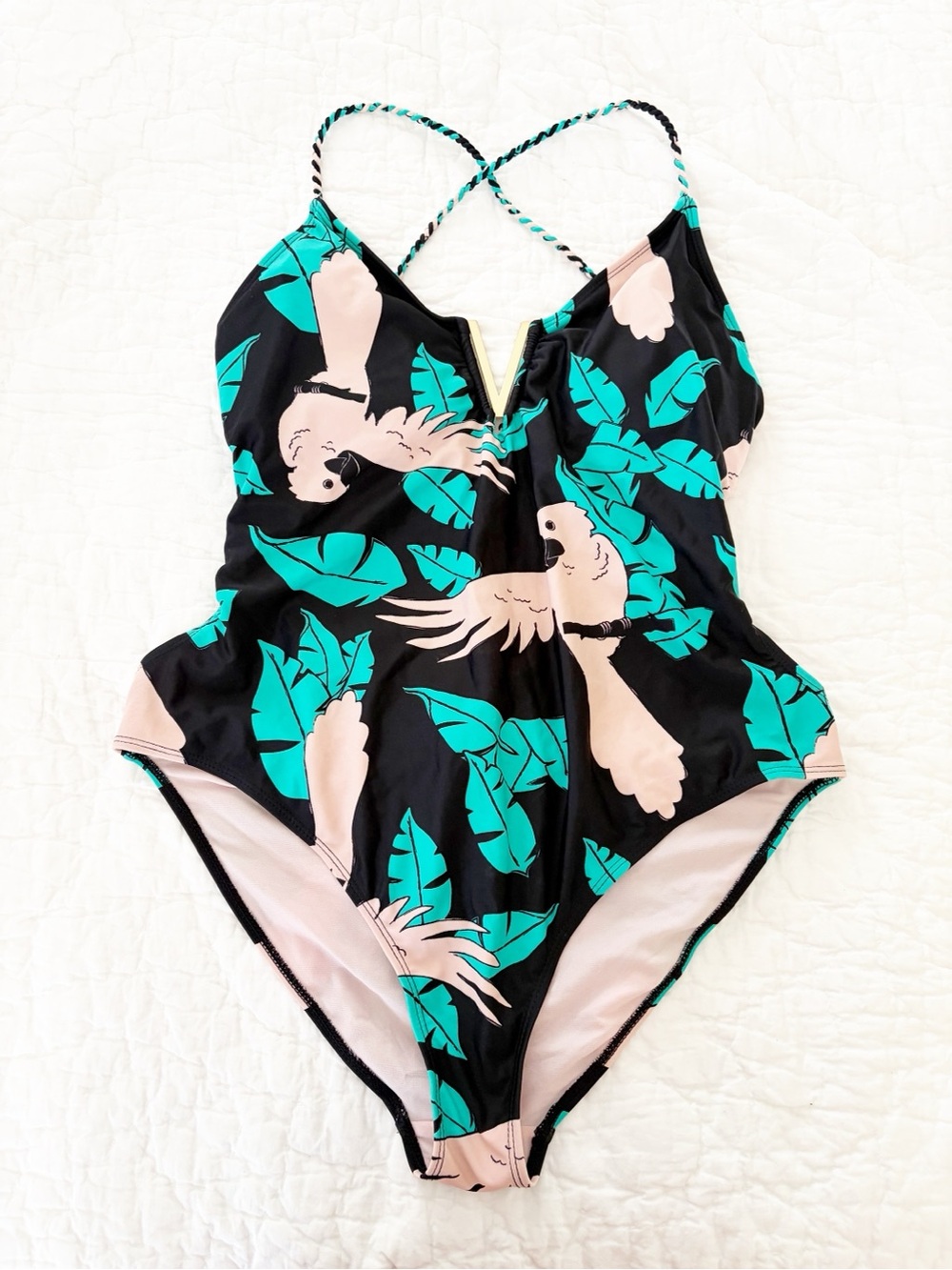 Women's Black Tropical Parrot One-Piece Swimsuit xl 14-16